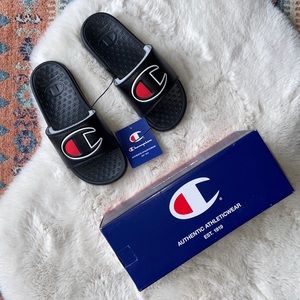 Champion kids slide sandal black red white soccer athletic shoe size 4th of July